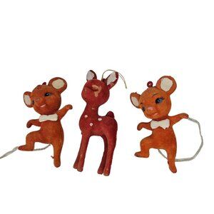 Vintage Flocked Dancing Mouse & Deer Christmas Ornaments Set